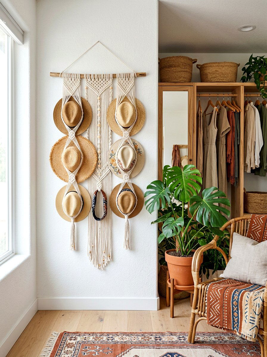 Macrame hat hanger - 30 hat storage closet ideas