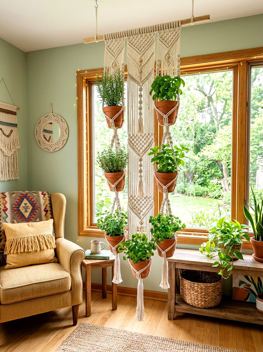 Macrame herb garden hanger - 30 apartment herb garden ideas