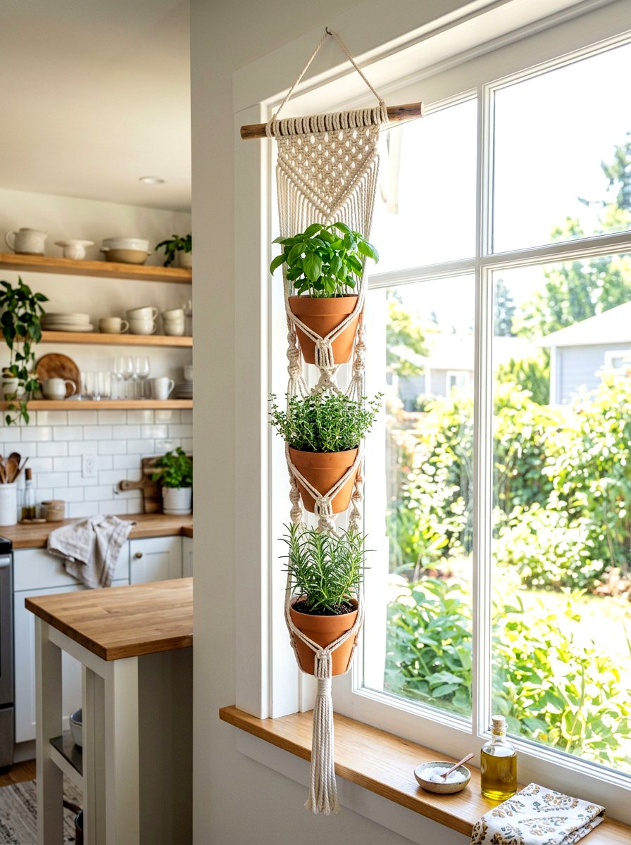 Macrame herb hanger - 30 windowsill herb garden ideas