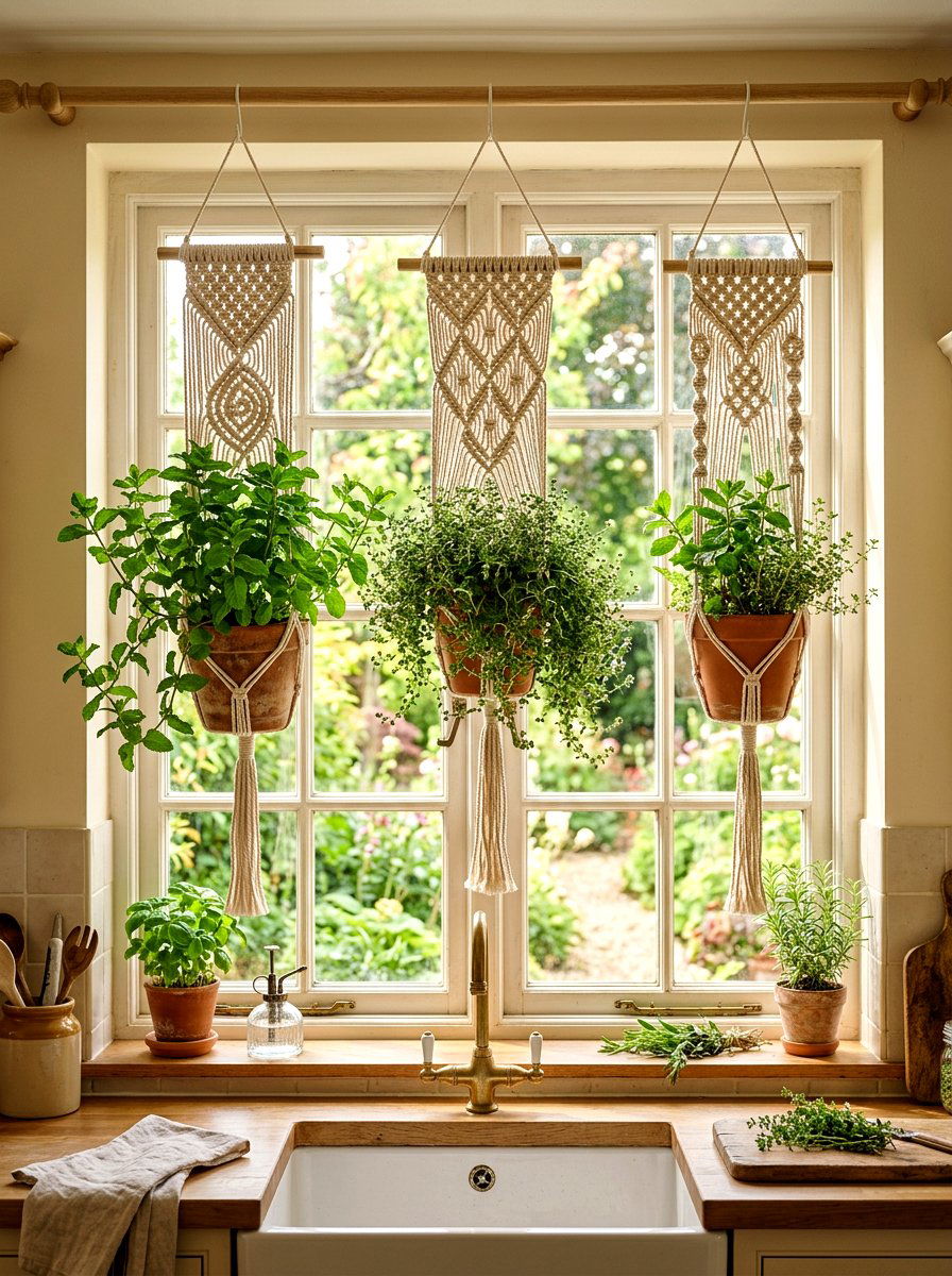 Macrame herb hangers - 30 herb garden planter ideas