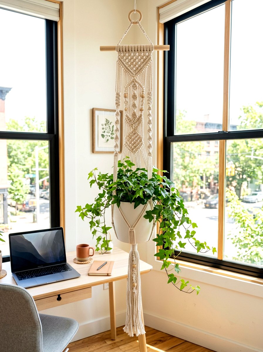 Macrame plant hanger - 30 renter friendly home office ideas