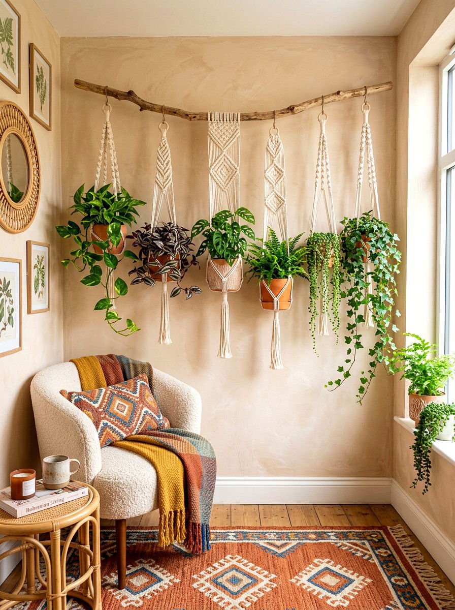 Macrame plant hanger wall - 30 indoor plant wall ideas