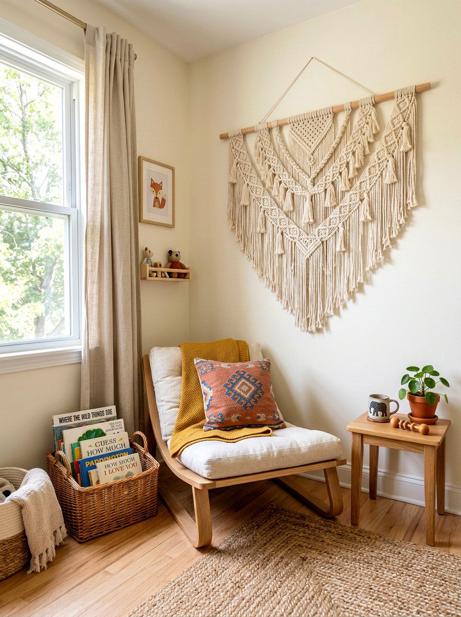 Macrame wall hanging nook - 30 nursery reading corner ideas aesthetic