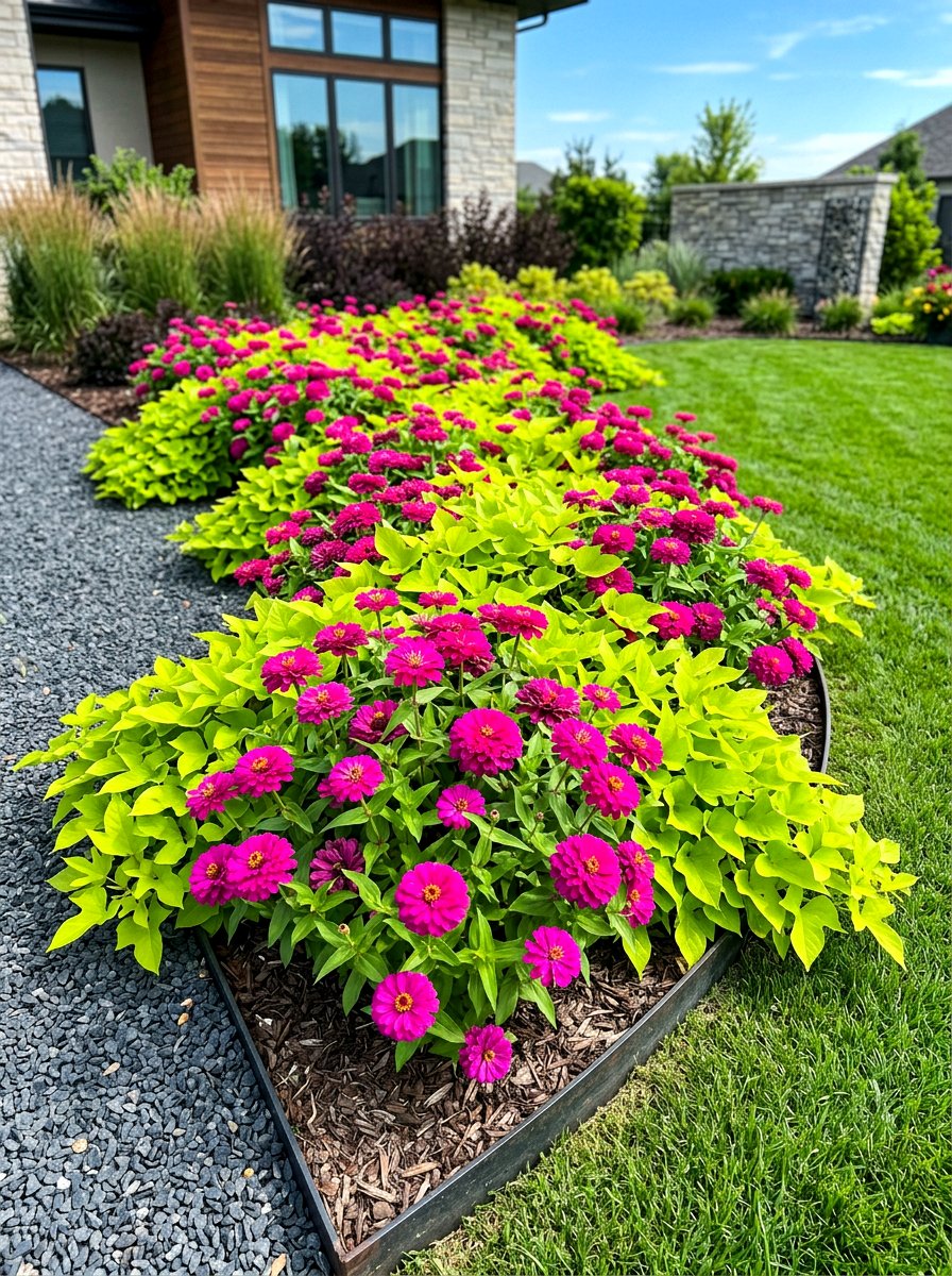 Magenta And Lime Flower Bed - 30 flower bed color ideas