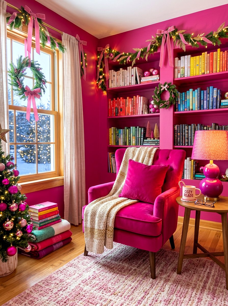 Magenta Pink Holiday Reading Nook - 30 jewel tone holiday decor ideas