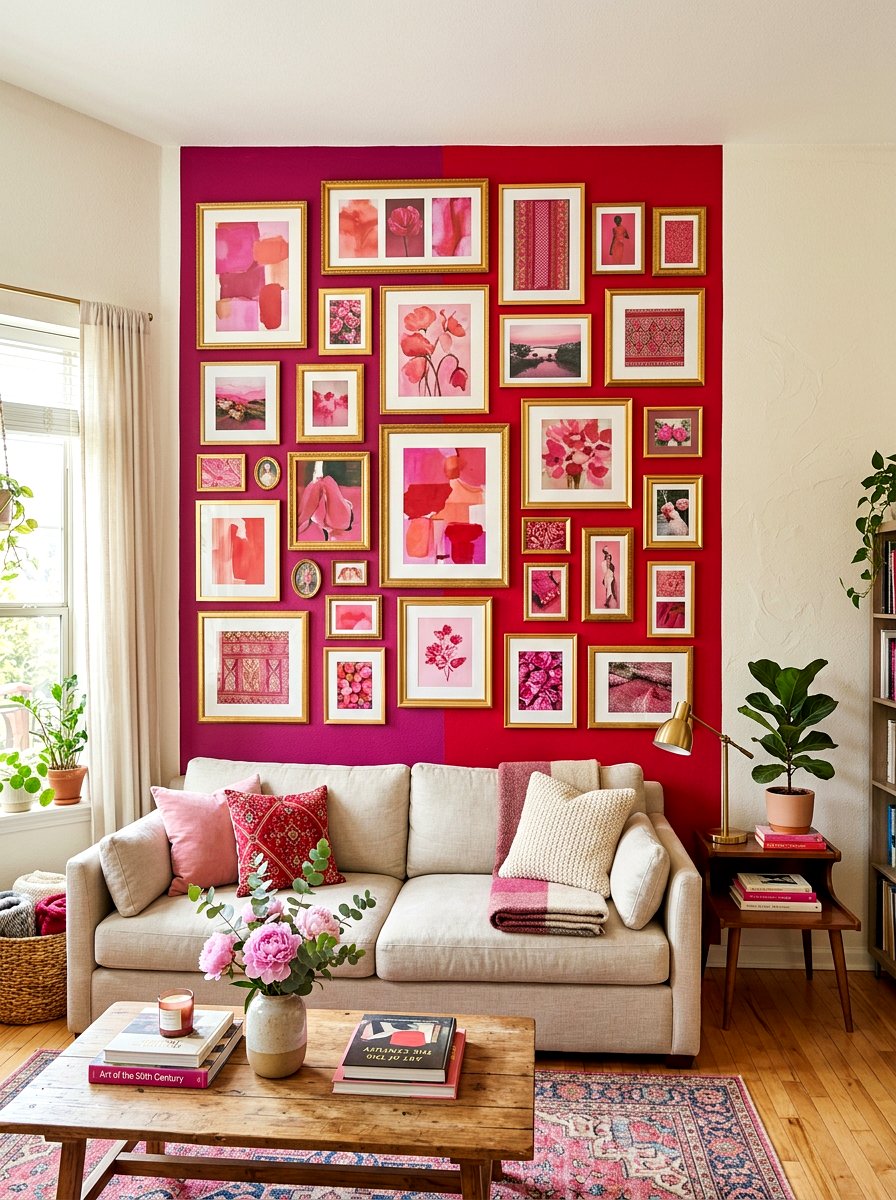 Magenta and red gallery wall - 30 pink and red home decor ideas
