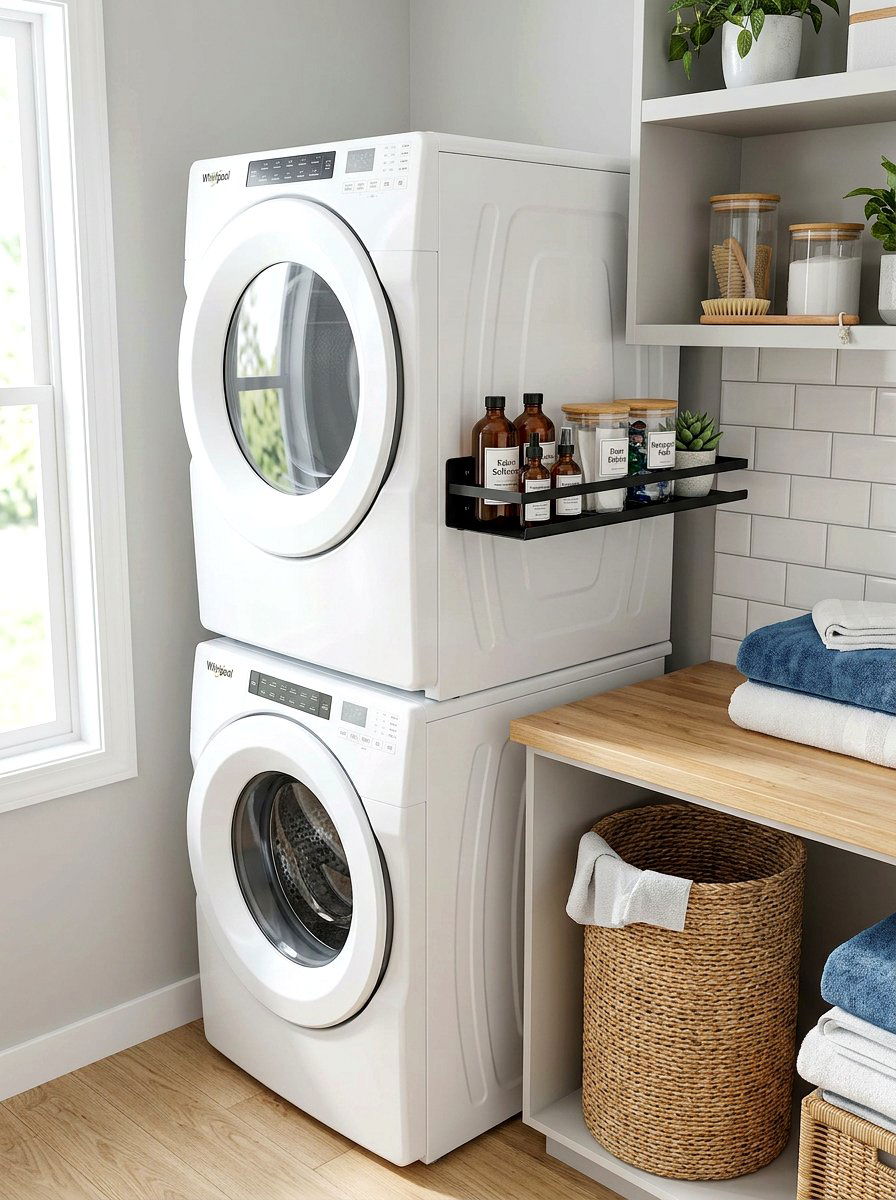 Magnetic Washer Dryer Shelf - 30 laundry room organization ideas