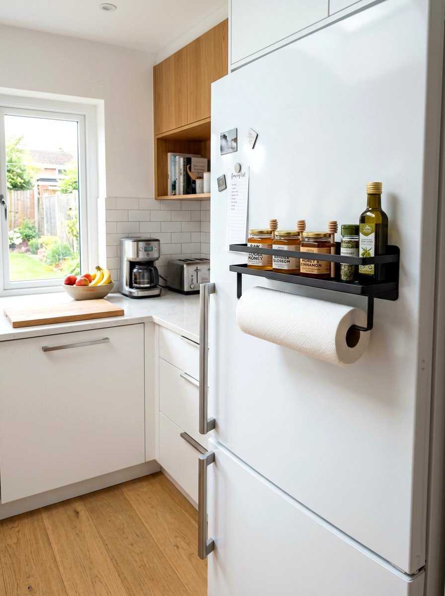 Magnetic fridge shelf - 30 renter friendly kitchen storage ideas