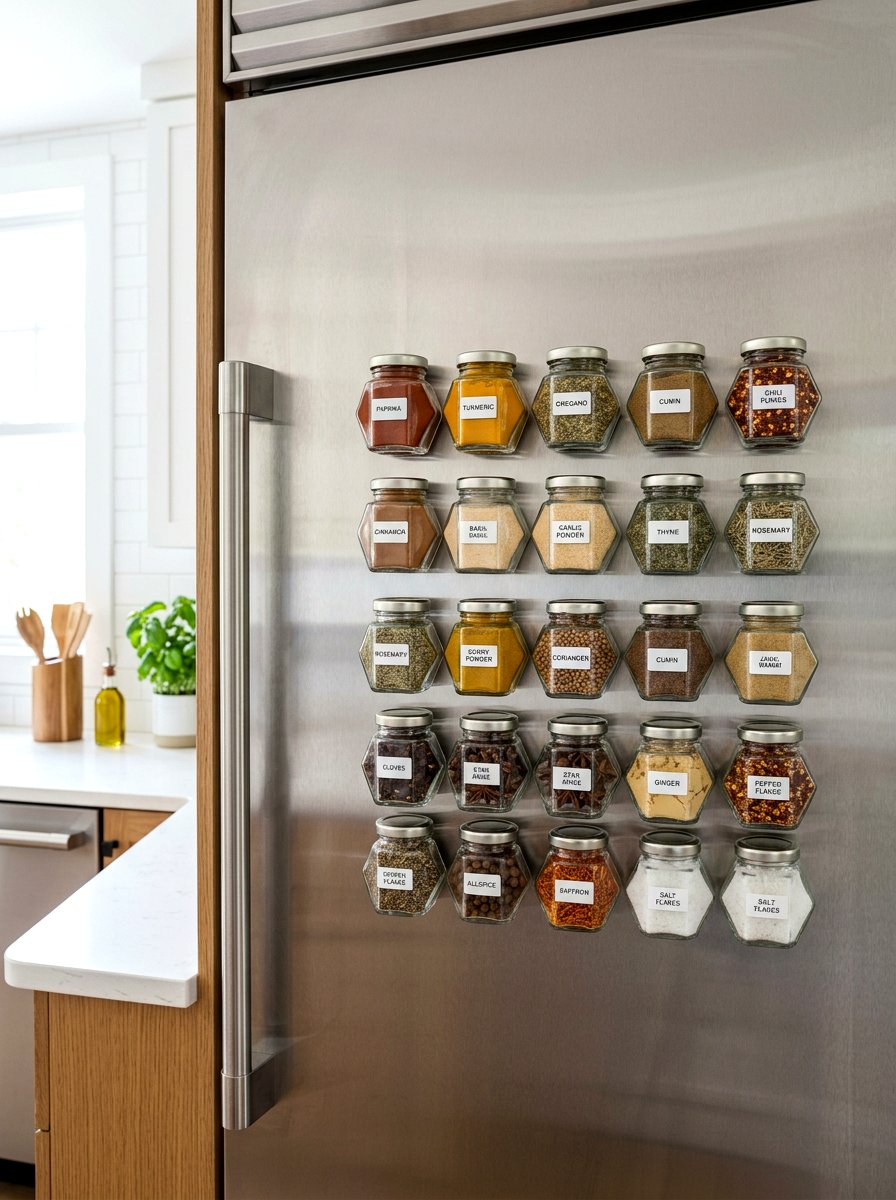 Magnetic fridge spice jars - 30 apartment kitchen storage ideas