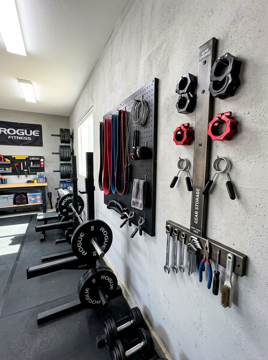 Magnetic gear storage strip - 30 garage gym ideas