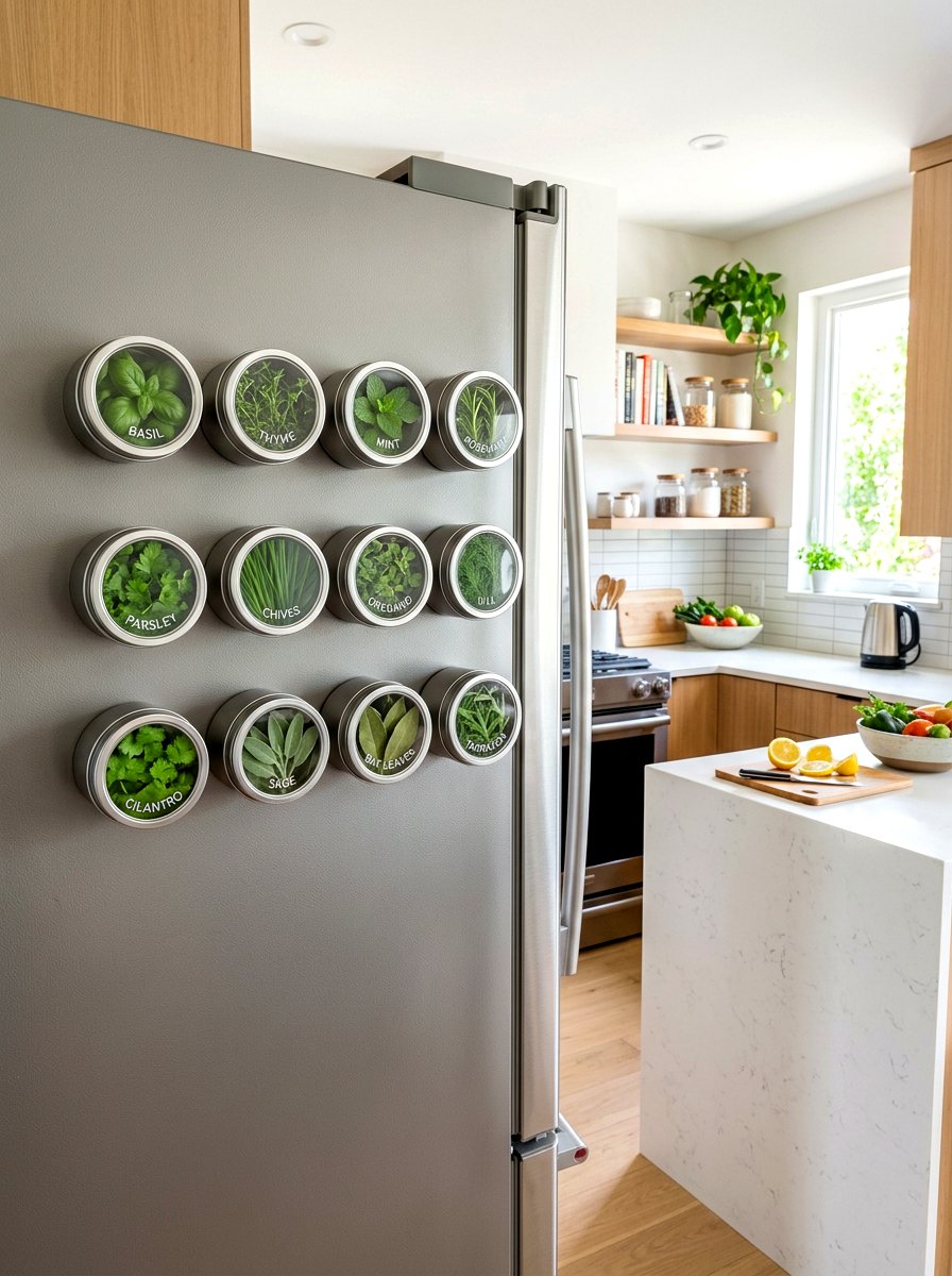 Magnetic herb garden fridge - 30 apartment herb garden ideas