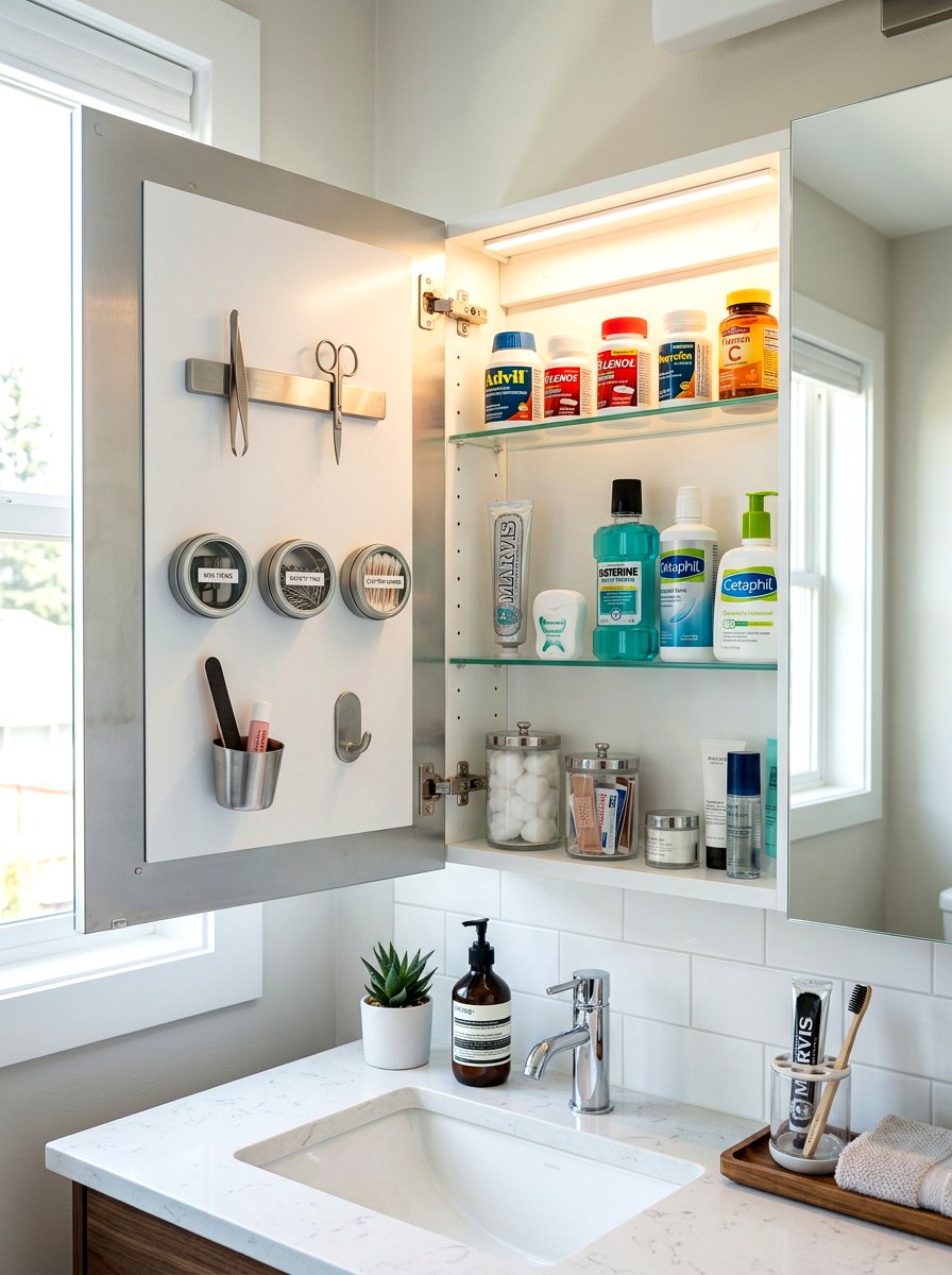 Magnetic medicine cabinet organizer - 30 renter safe bathroom shelf ideas