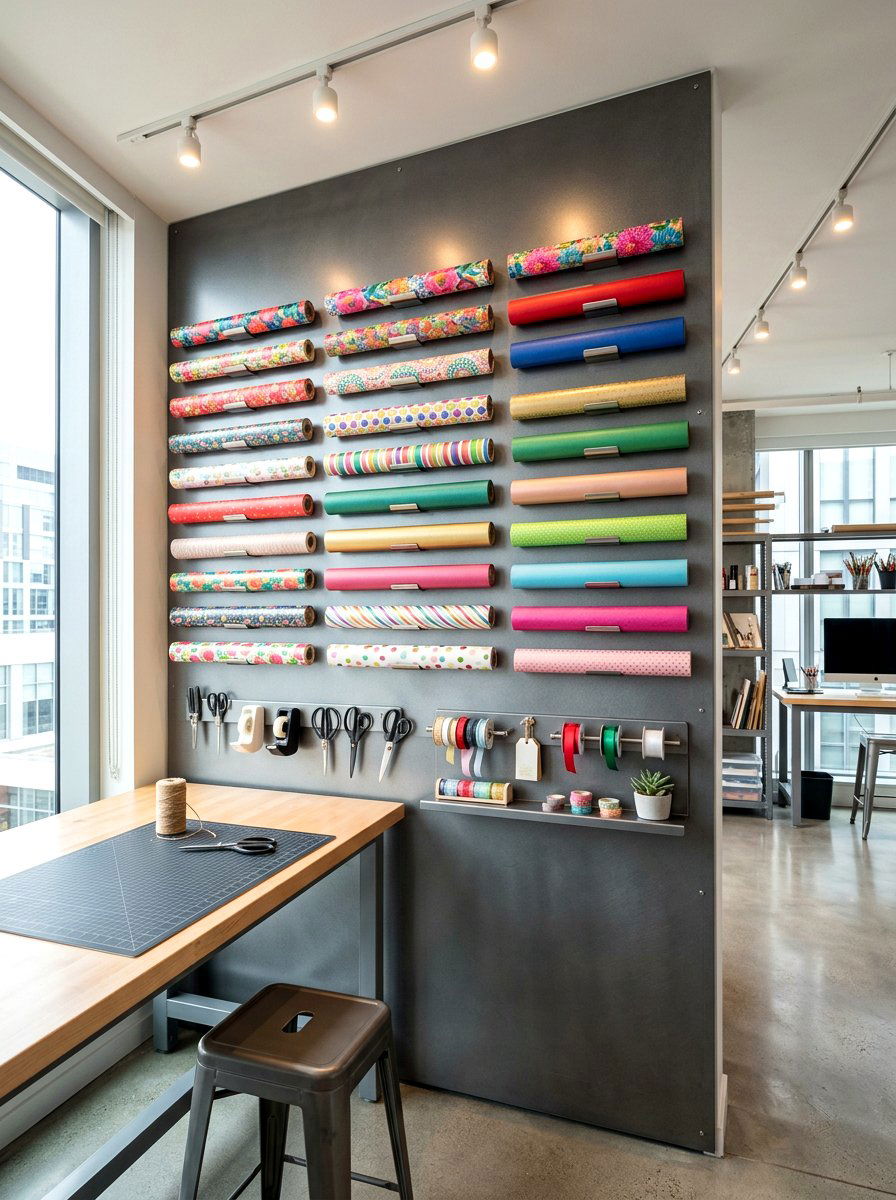 Magnetic wrapping paper wall - 30 wrapping paper storage ideas
