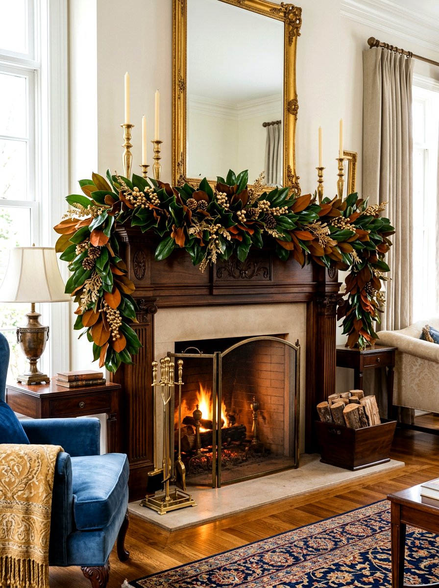 Magnolia Leaf Mantel - 30 holiday mantel garland ideas