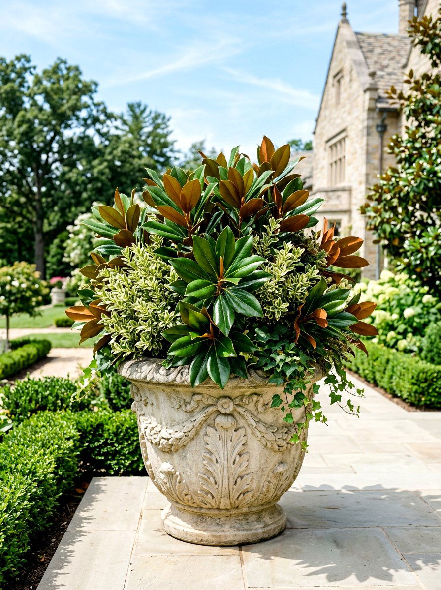 Magnolia Leaf Planter - 30 winter container garden ideas