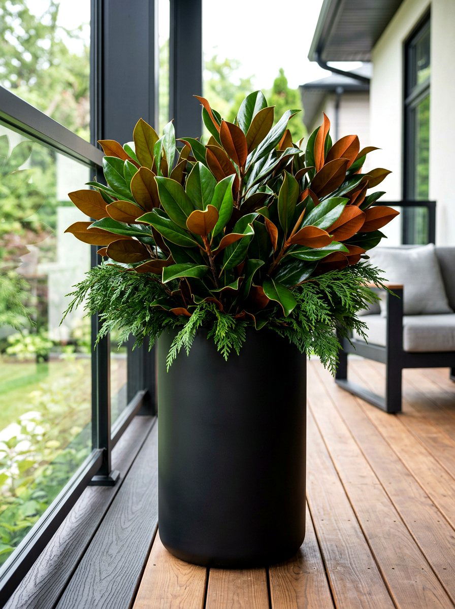 Magnolia Leaves Black Pot - 30 winter porch planter ideas