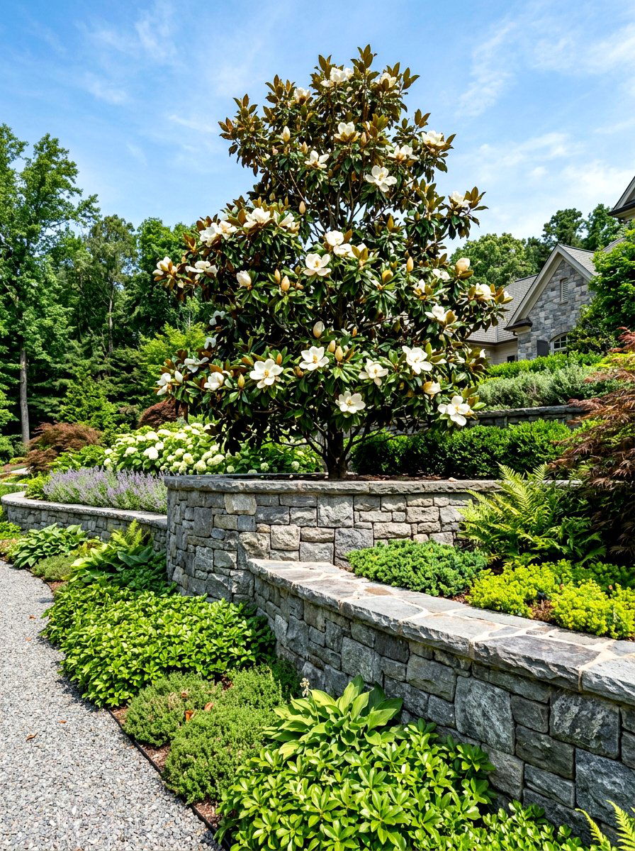 Magnolia Stone Retaining Wall - 30 magnolia front yard ideas