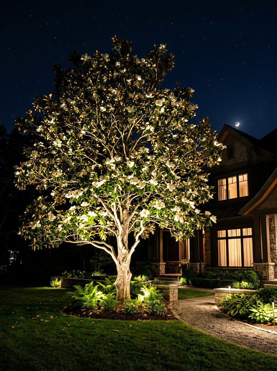Magnolia Tree Night Lighting - 30 magnolia front yard ideas