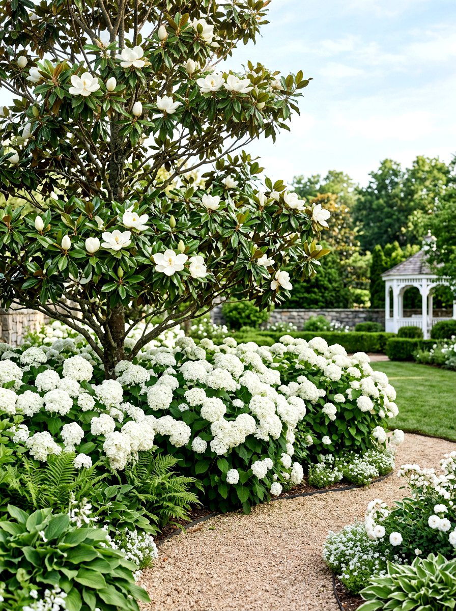 Magnolia With White Hydrangeas - 30 magnolia front yard ideas