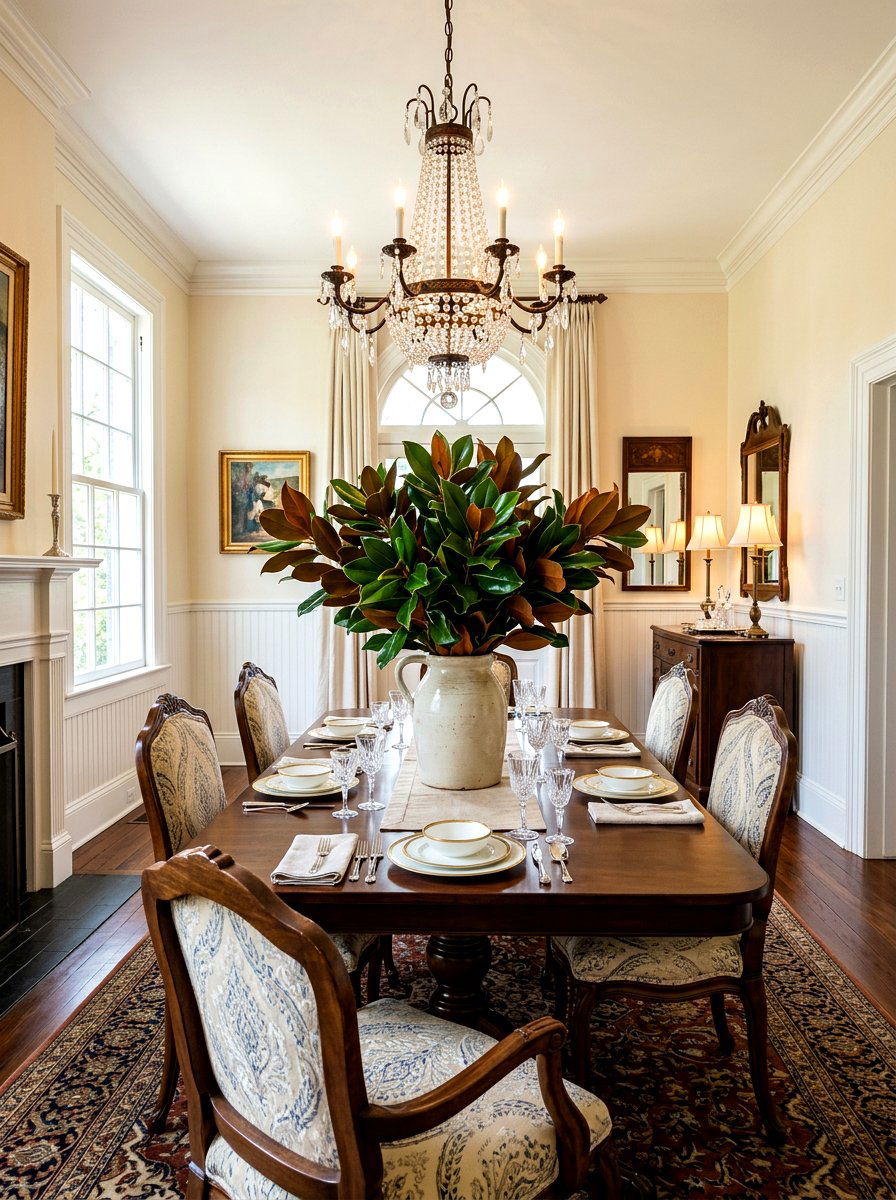 Magnolia leaves ceramic jug - 30 simple centerpiece dining ideas