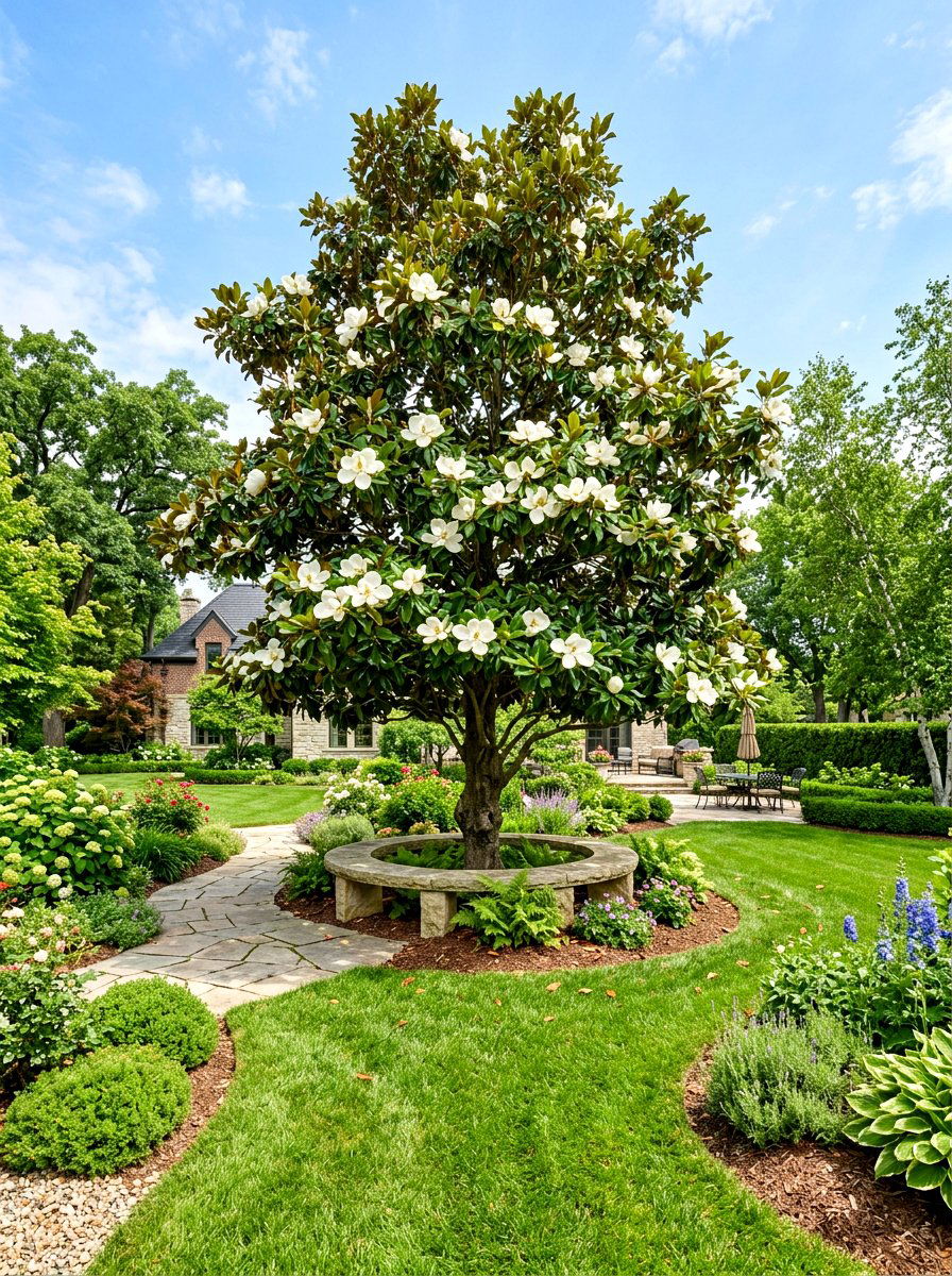 Magnolia tree focal point - 30 fragrance garden backyard ideas
