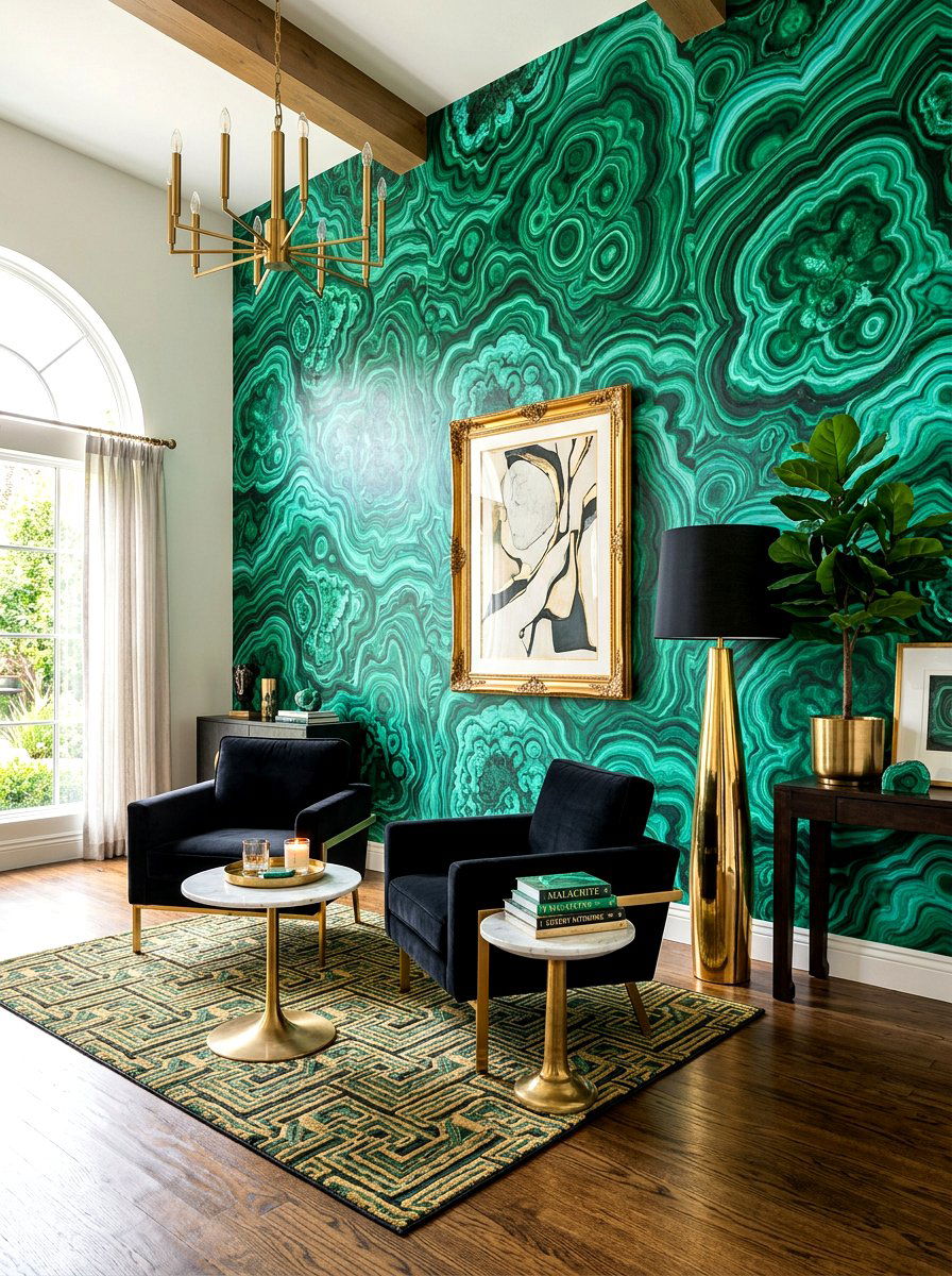 Malachite Pattern Wallpaper - 30 jewel tone lounge ideas