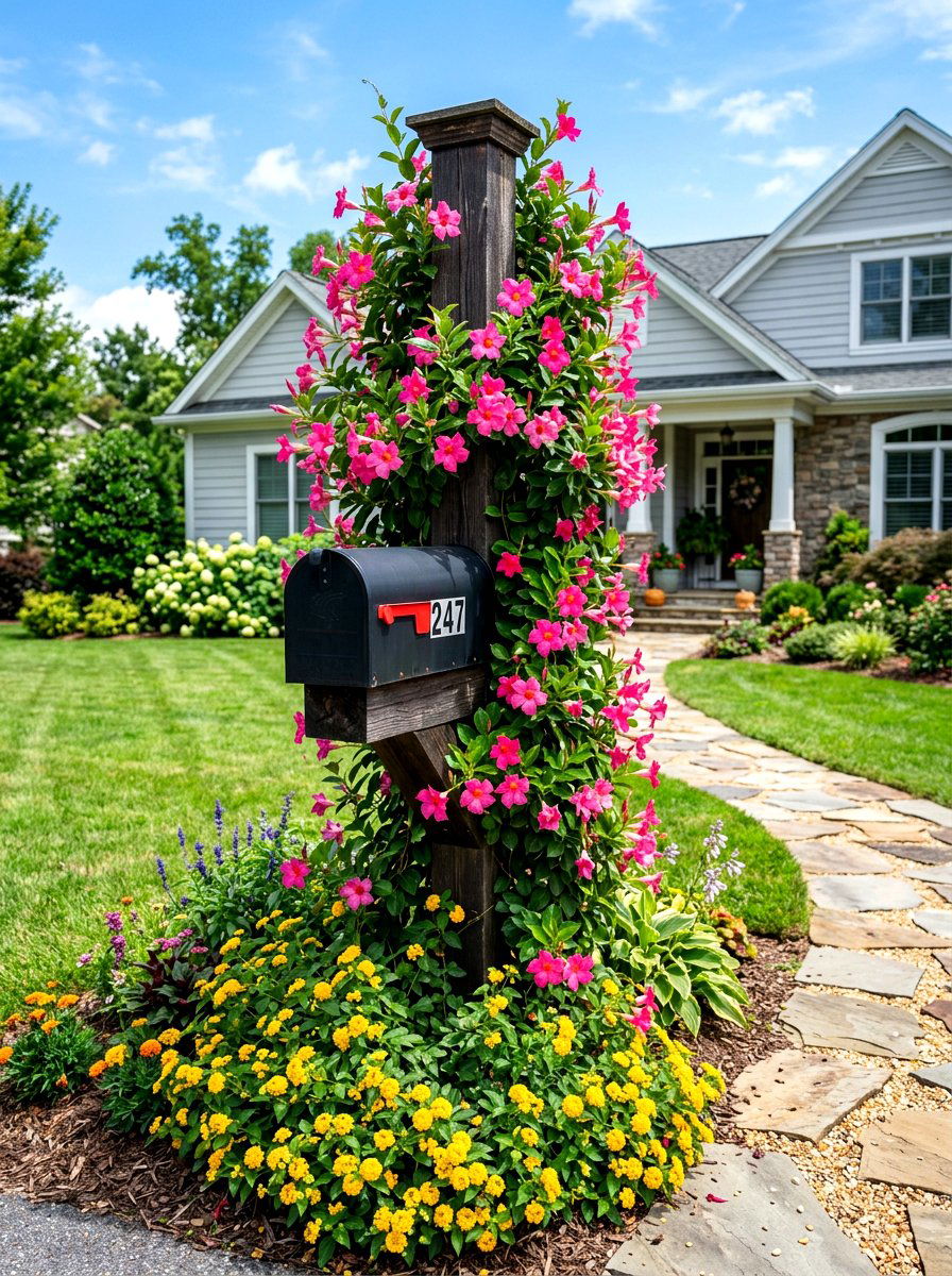 Mandevilla Mailbox Trellis - 30 mailbox flower bed ideas