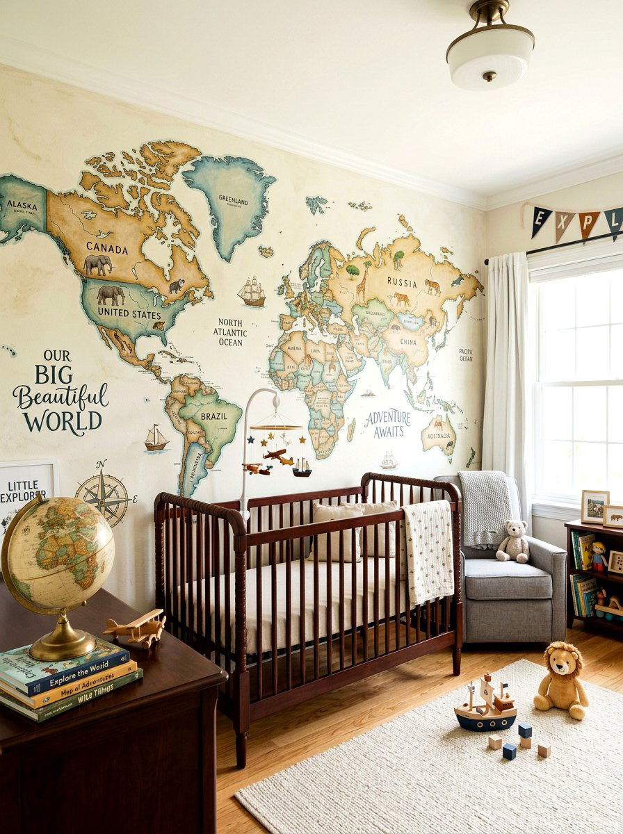 Map Of The World Mural - 30 nursery accent wall ideas