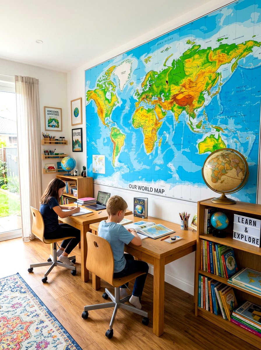 Map Wall Homeschool Room - 30 homeschool room ideas