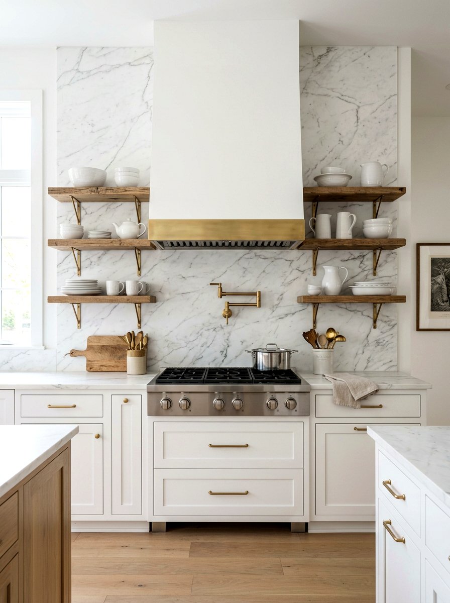 Marble Backsplash Brass Accents - 30 unlacquered brass kitchen ideas
