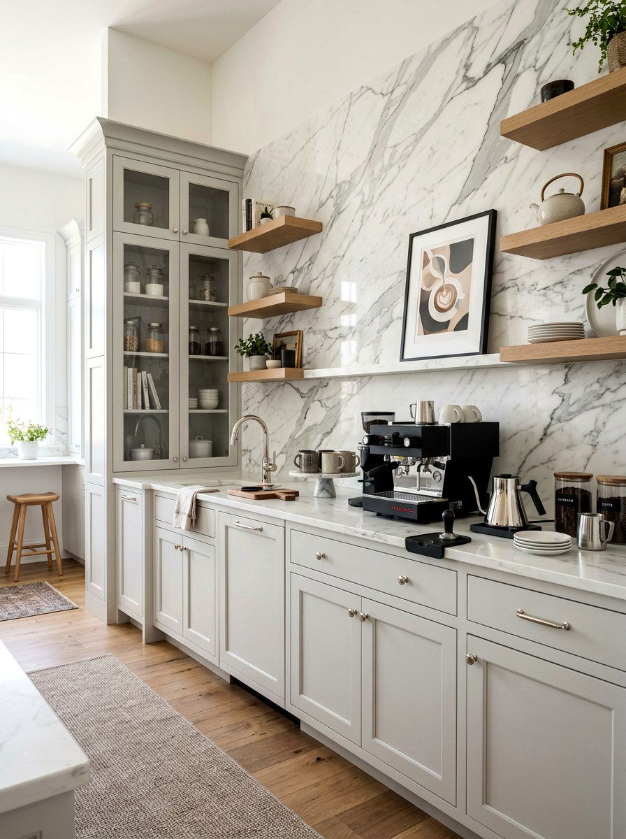Marble Backsplash Coffee Bar - 30 coffee nook pantry ideas