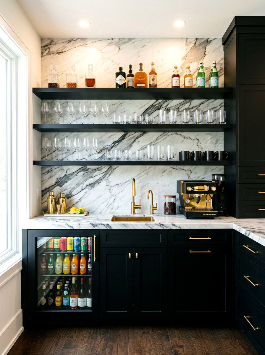 Marble Backsplash Drink Station - 30 beverage pantry ideas aesthetic