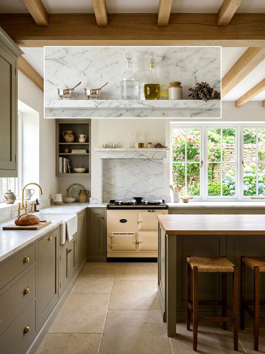 Marble Backsplash Shelf - 30 English country kitchen shelf ideas