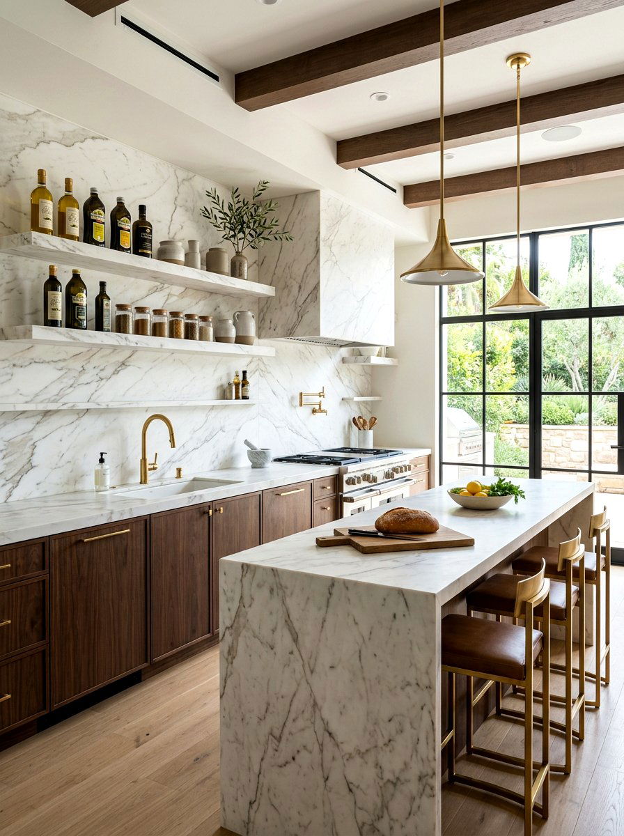 Marble Backsplash Shelves - 30 kitchen shelfie ideas