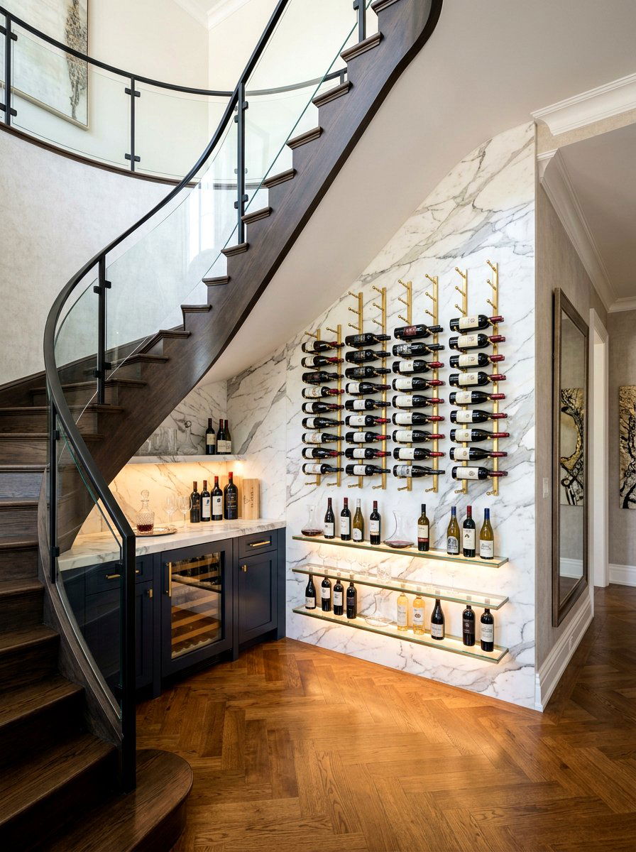 Marble Backsplash Wine Area - 30 under stairs wine nook ideas