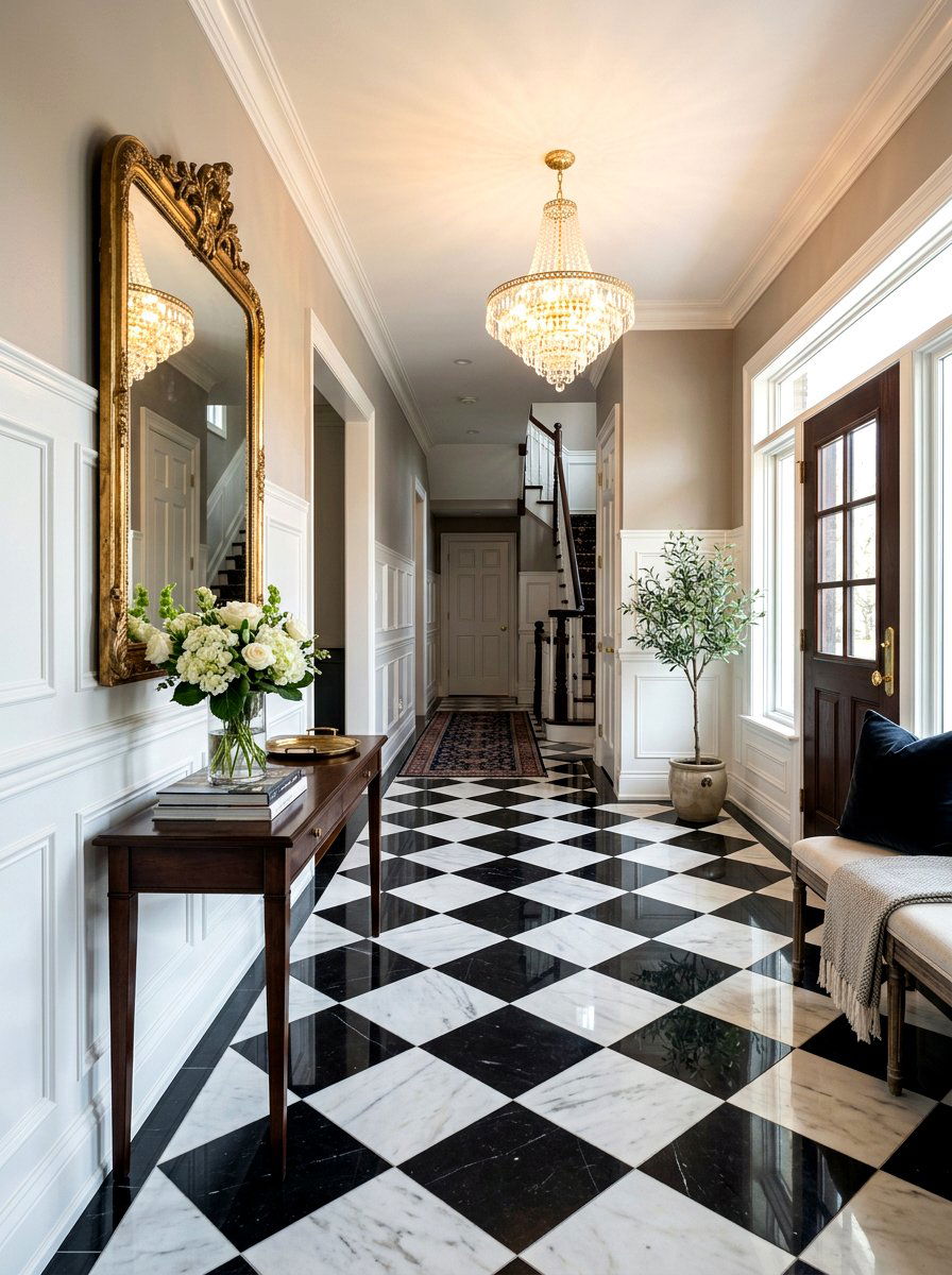 Marble Checkerboard Floor - 30 old money foyer ideas