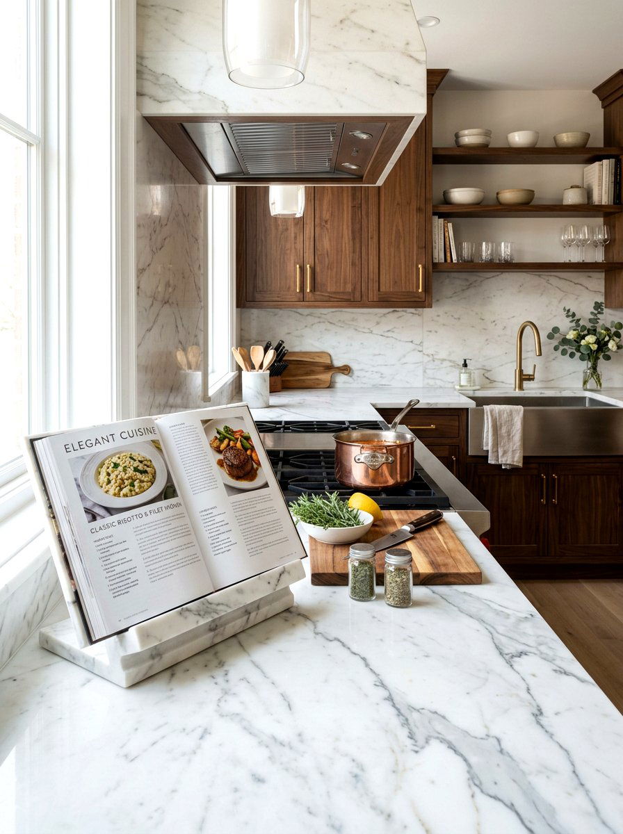 Marble Countertop Book Stand - 30 cookbook display kitchen ideas