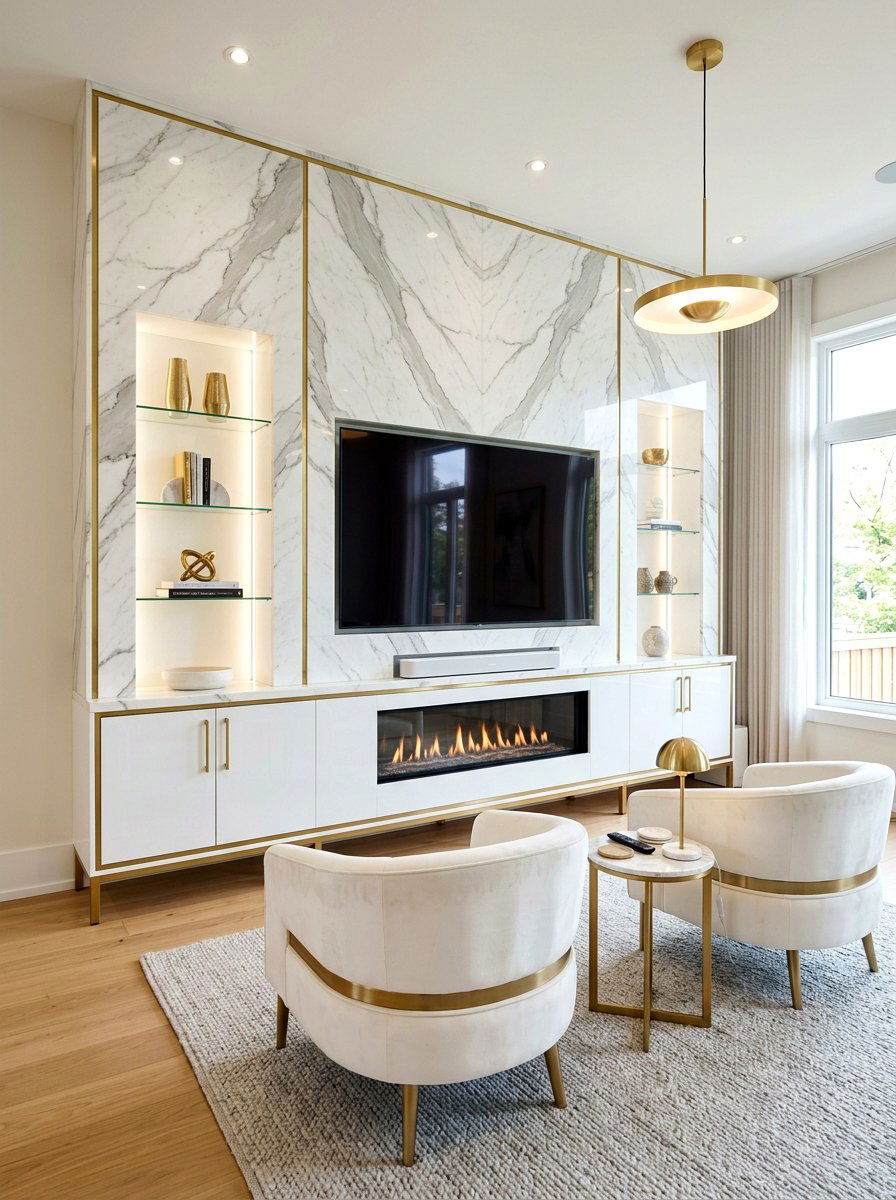 Marble Effect Media Wall - 30 built in media wall ideas