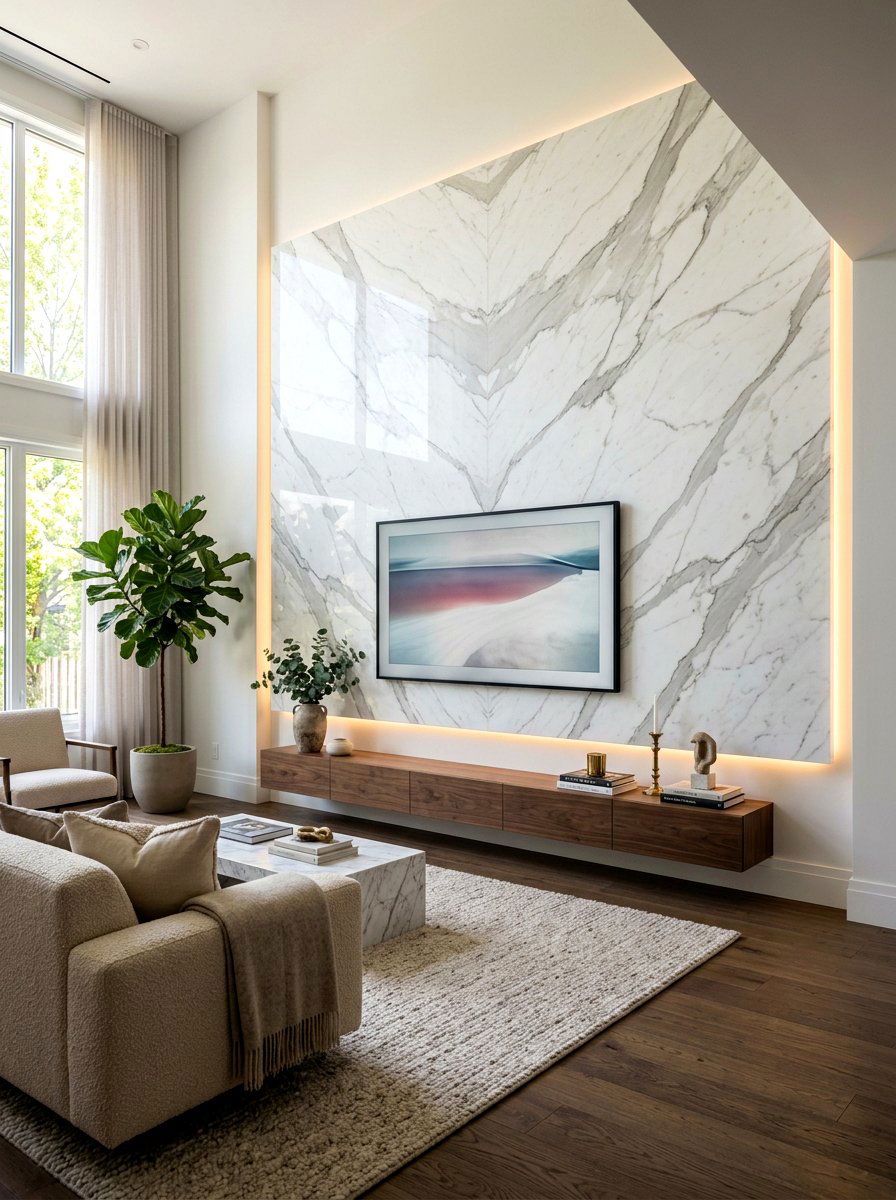 Marble Feature Wall Behind TV - 30 TV over console ideas