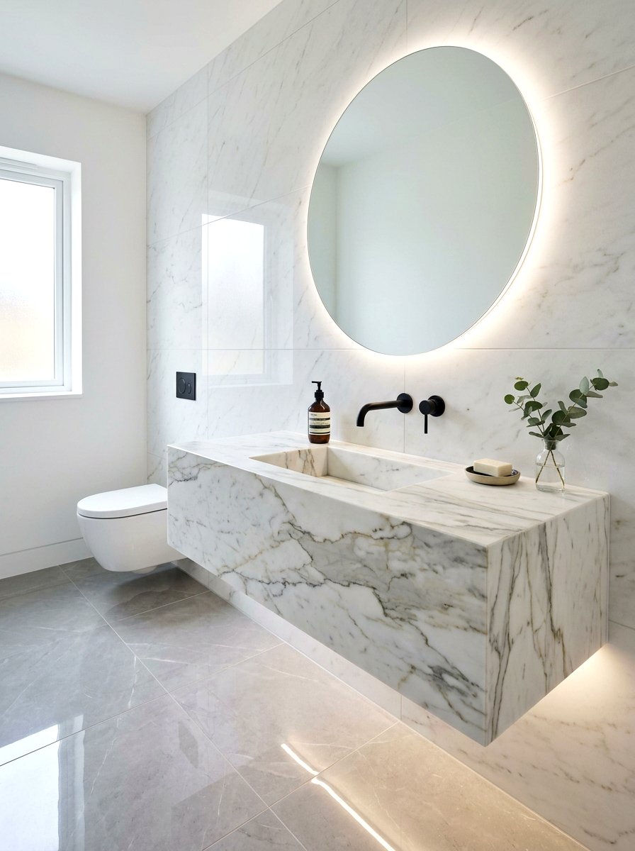 Marble Floating Vanity Powder Room - 30 boutique hotel powder room ideas