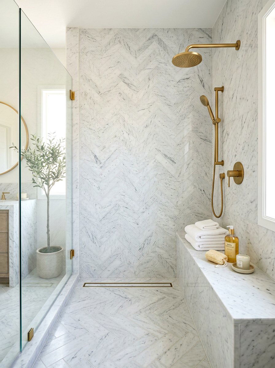Marble Herringbone Shower Wall - 30 herringbone shower tile ideas