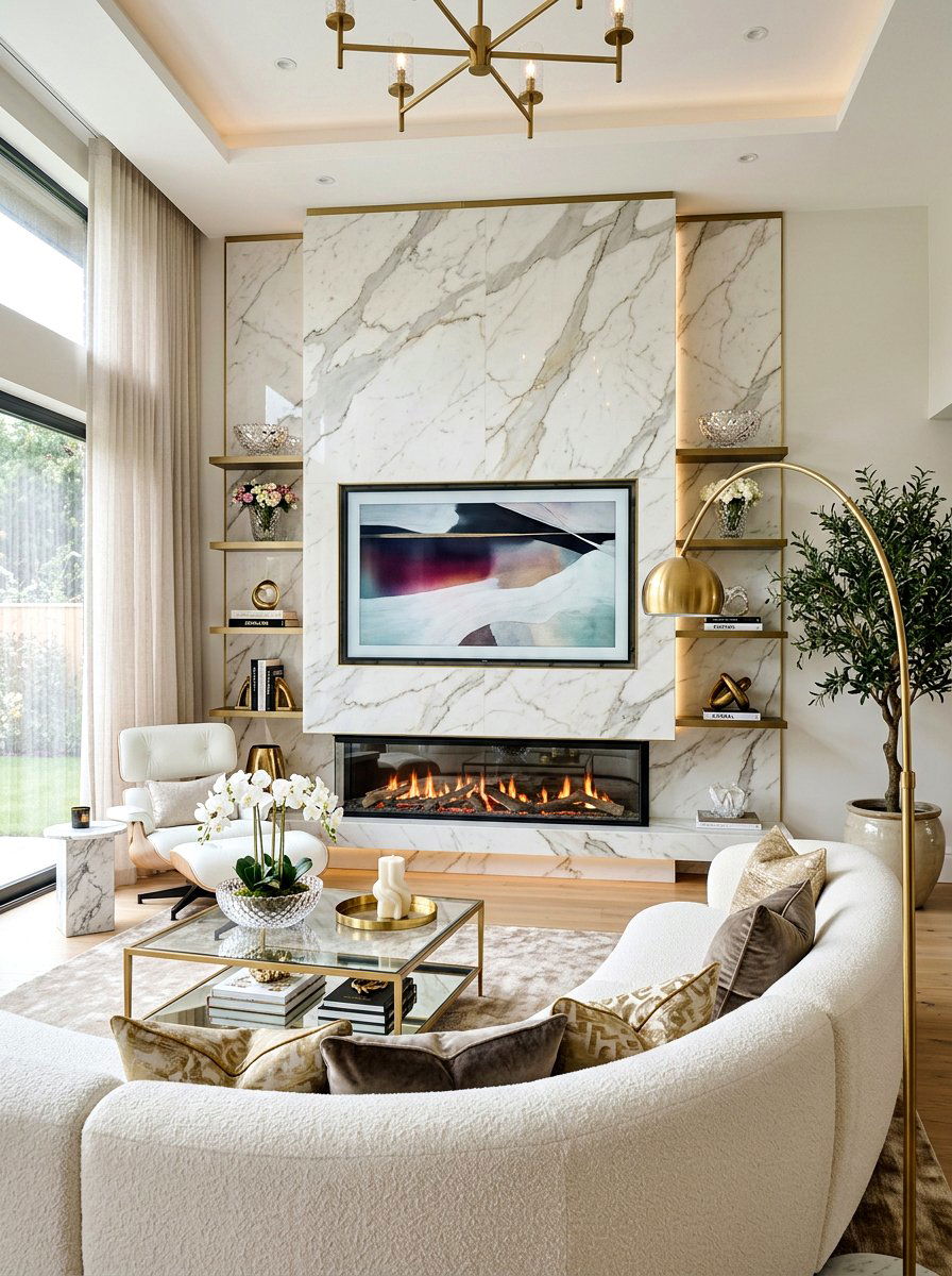 Marble Media Wall - 30 electric fireplace wall ideas