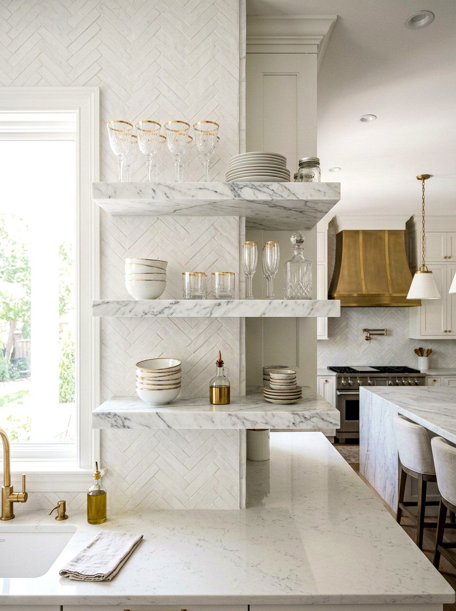 Marble Open Shelves - 30 open shelving decor ideas