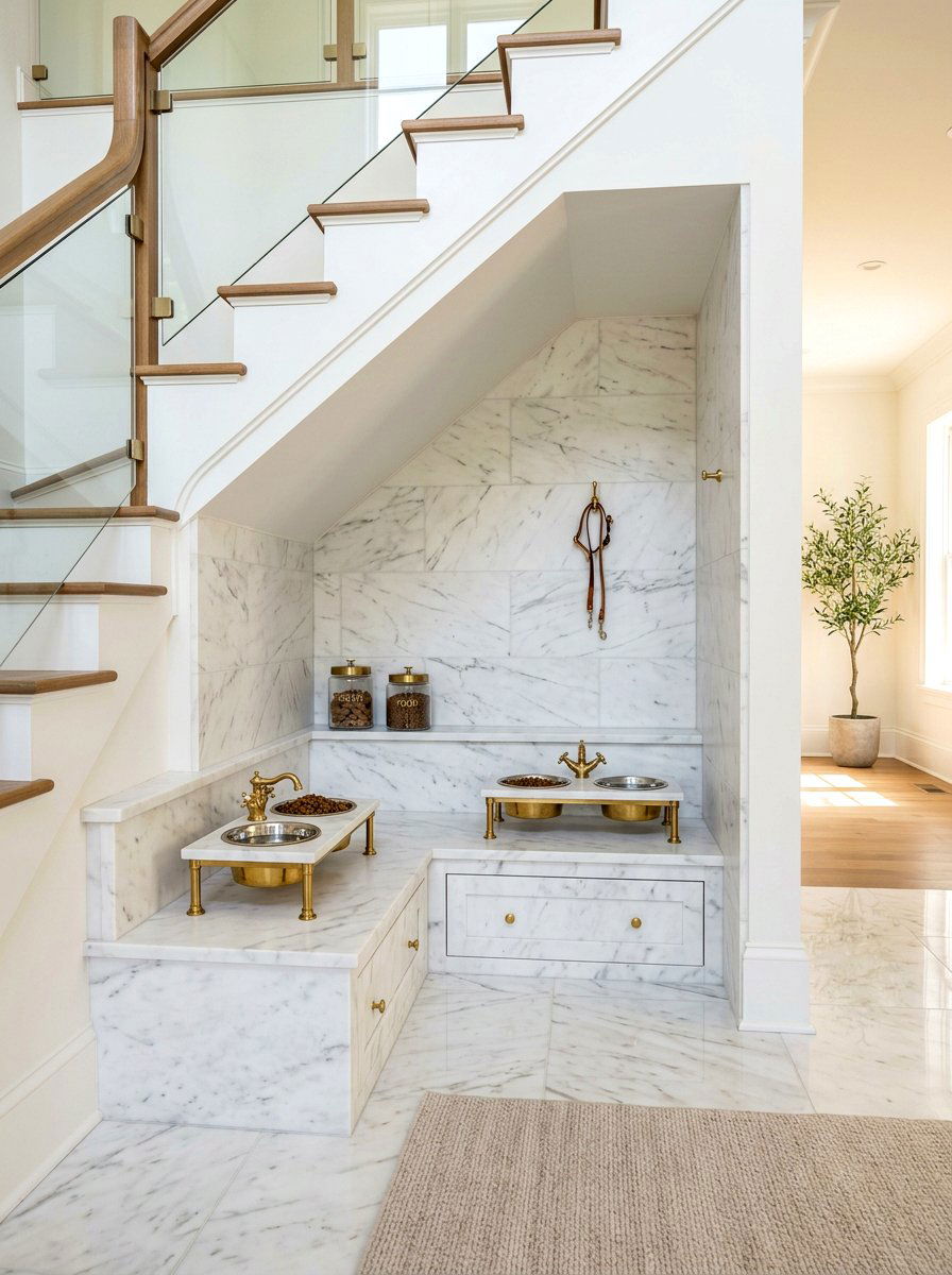 Marble Pet Station - 30 under staircase pet nook ideas