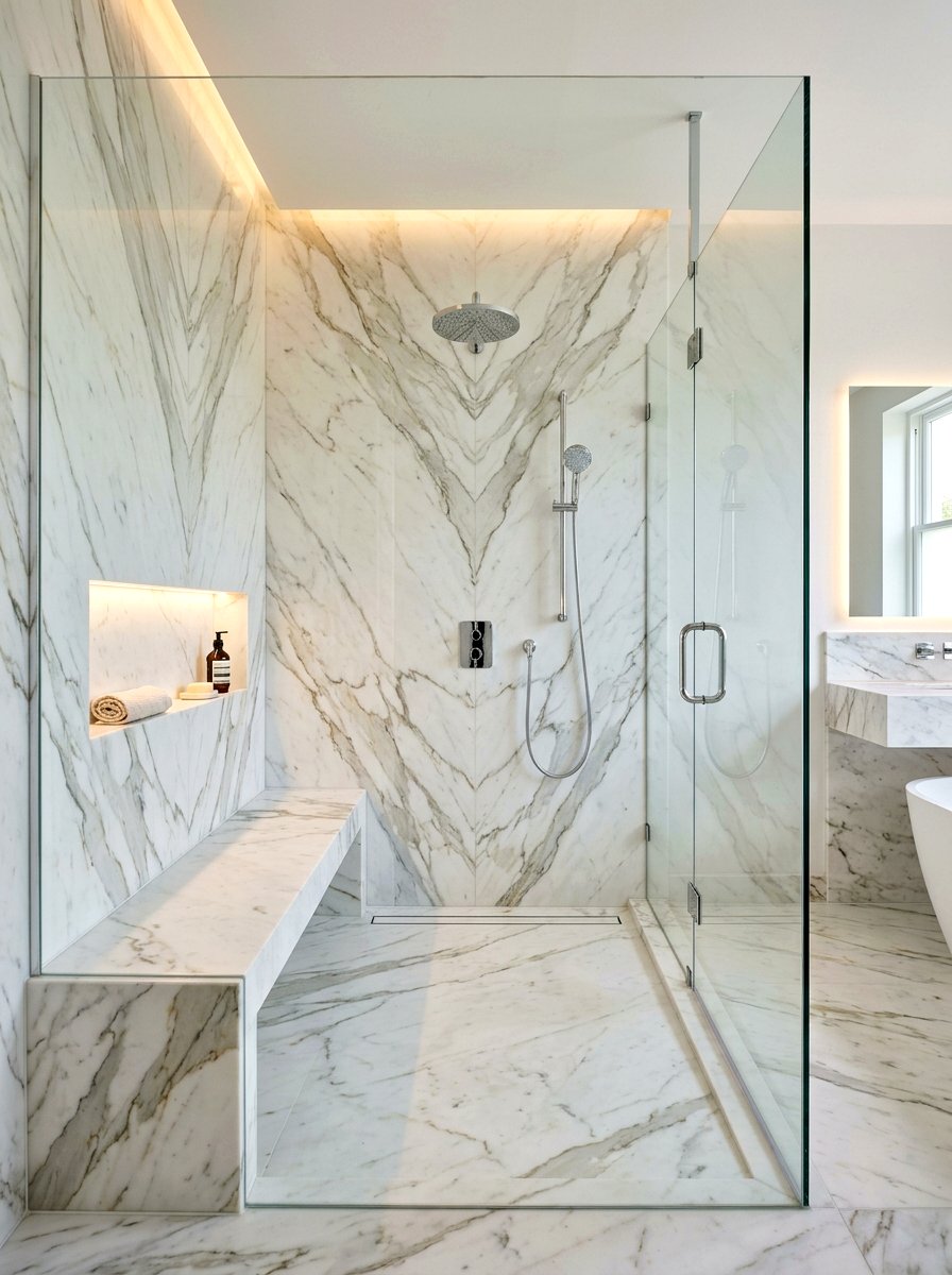 Marble Slab Shower - 30 curbless shower ideas