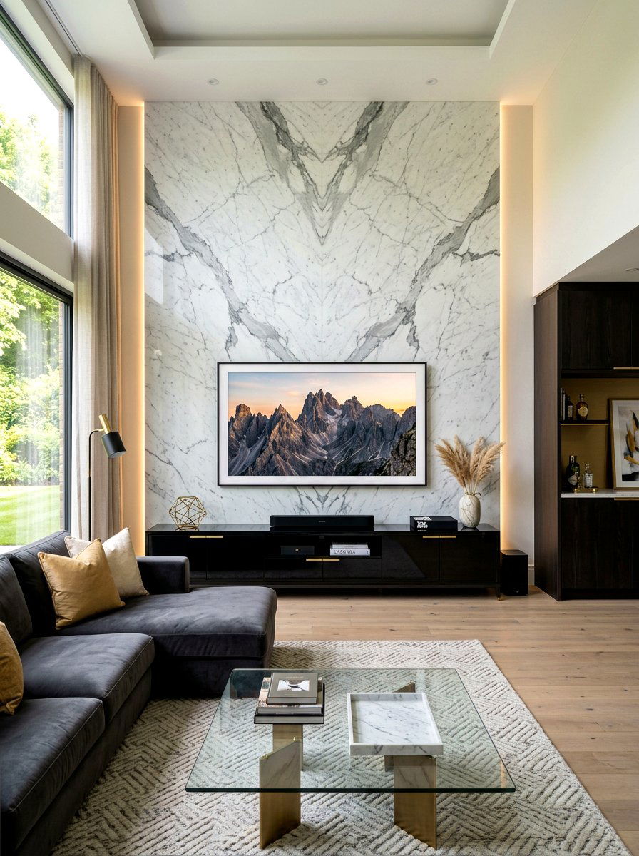 Marble TV Backdrop - 30 tv wall ideas