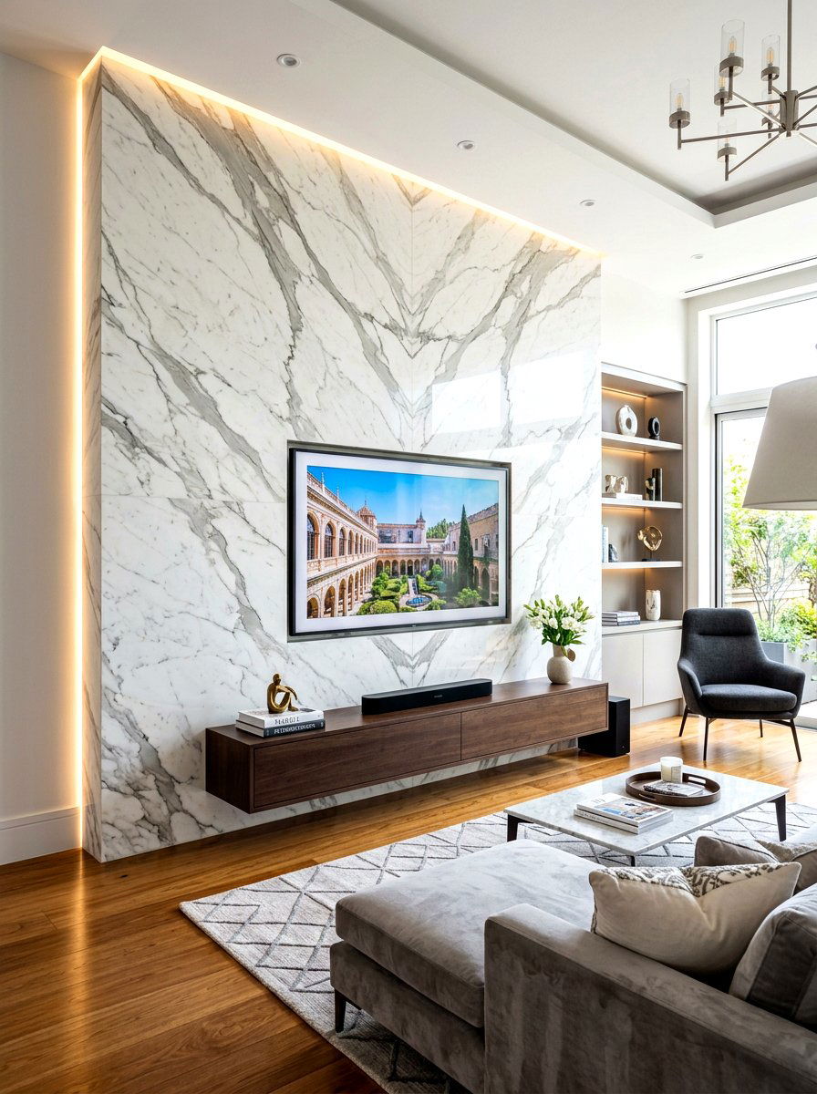 Marble TV Wall - 30 futuristic glam living room ideas