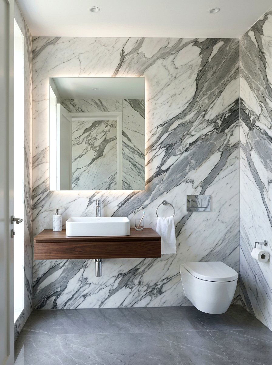 Marble Texture Mural Powder Room - 30 murals in powder room ideas