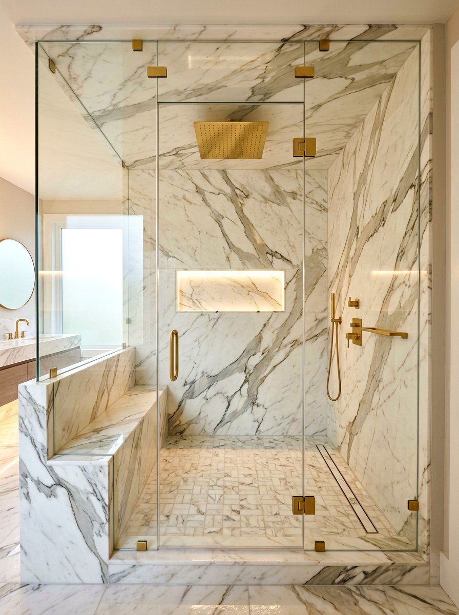 Marble Tiled Rain Shower - 30 rain head shower bathroom ideas
