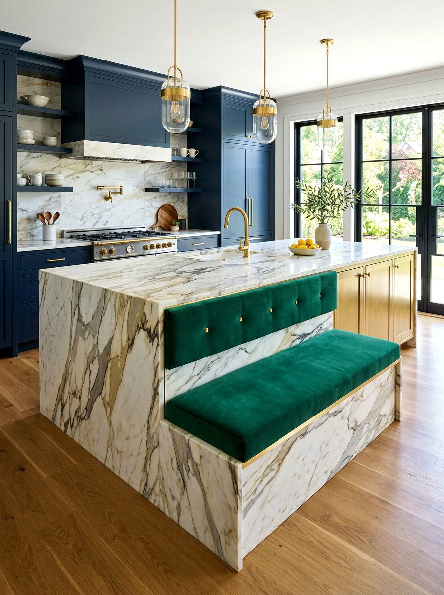 Marble Top Island Integrated Seating - 30 banquette kitchen island ideas